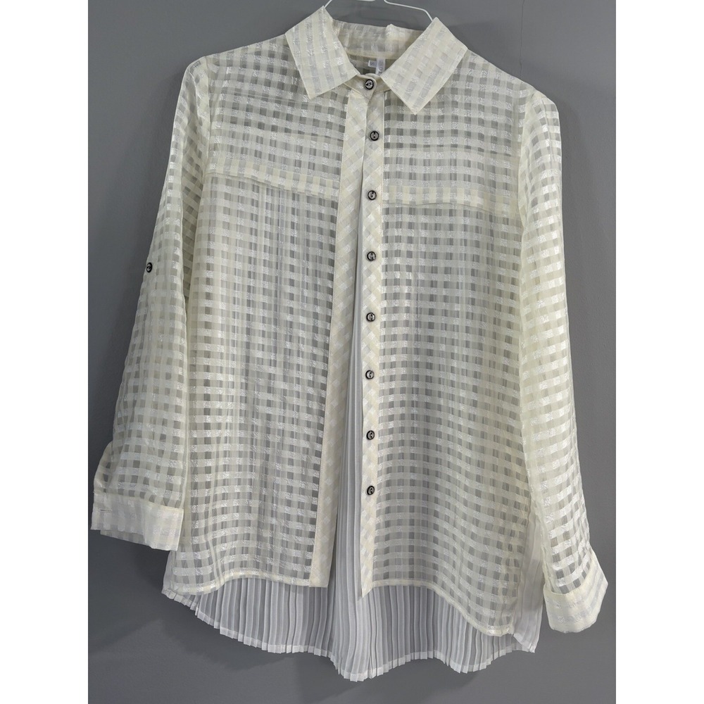 LINDI Womens Small Cream Checkered Sheer‎ Pleated Back Button Down Blouse Shirt